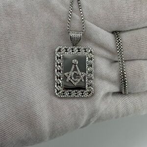 925 Sterling Silver White Gold Dipped Masonic Square & Compass Pendant CZ Iced